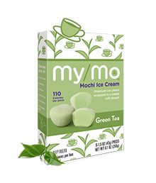 mymo mochi ice cream with green tea in the box and leaves on top