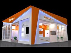 an orange and white booth with lights on it