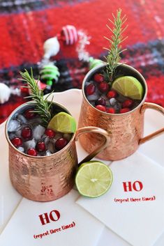 two copper mugs filled with cranberries and lime