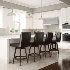 a kitchen with white cabinets and black bar stools in front of an island counter