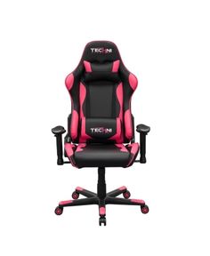 a pink and black gaming chair with the word tic - in written on it