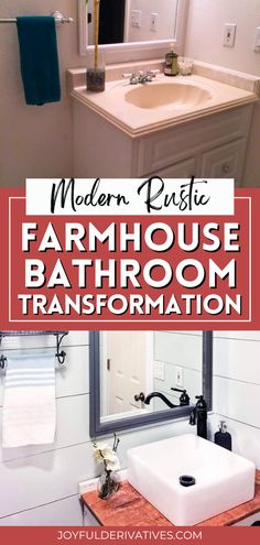 modern rustic farmhouse bathroom with text overlay