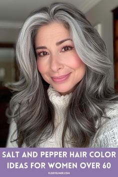 Browse our collection of elegant salt and pepper hair color ideas that will look fabulous on women over 60. From striking gray blends to silver highlights and white money pieces, there are over 55 ideas on our blog. Click the pin to see all of them now and follow us for more! Grey To Blonde Balayage, Grey Highlights And Lowlights, Edgy Gray Hairstyles, Balayage For Gray Hair, Grey Balayage Silver, Reverse Balayage For Grey Hair, Balayage For Graying Hair, Adding Color To Gray Hair, Balayage On Grey Hair