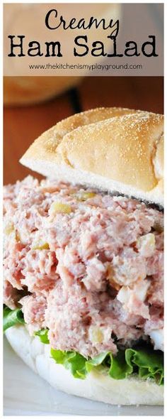 a close up of a sandwich on a plate with the words creamy ham salad