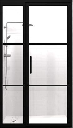 The Gridscape® GS2-2.1 industrial grid pattern hinge shower door with inline panel features two even horizontal rows of black metal mullions and three rows of large clear tempered glass panes that create a bold statement that can be uniquely configured for designs that are as versatile as they are eye-catching. FEATURES Designed and Manufactured In USA Gridscape® Shower Enclosures are Manufactured in Apex NC 1 Person Install This custom shower door can easily be installed by 1 person in approx 1 Gridscape Shower Door, Industrial Shower Doors, Coastal Shower Doors, Custom Shower Doors, Framed Shower Door, Bathroom Showers, Basement Reno, Laundry Space, 4th Street