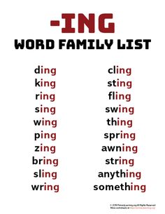 the word family list is shown in red and black, with words that spell out what to