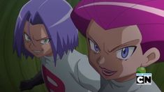 two anime characters with purple hair and green eyes