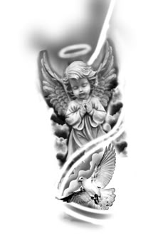 an angel tattoo design on the side of a woman's leg with a dove