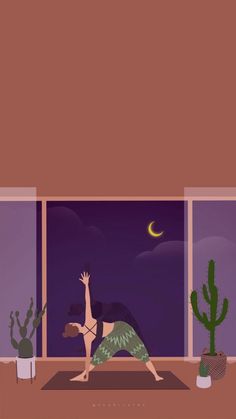 a woman is doing yoga in front of a window with cactuses and cacti