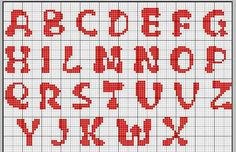 a cross stitch alphabet with red letters and numbers