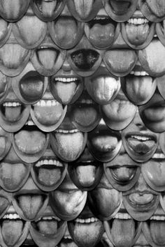 many different faces are arranged together in the shape of mouth shapes, with one person's head sticking out