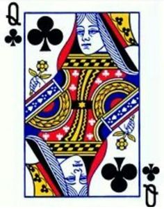 the queen of spades playing card is in blue, yellow and red with four of clubs on each side