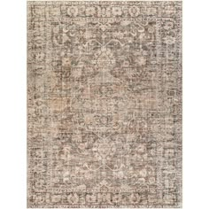 an area rug with various colors and patterns on the floor, including beiges, browns, and blues