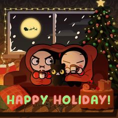 two cartoon characters sitting on a couch in front of a christmas tree with the words happy holiday