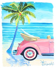 a painting of a pink car on the beach with a palm tree in the background