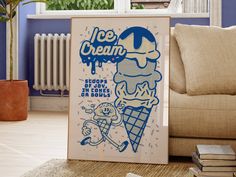 an ice cream poster sitting on the floor next to a couch