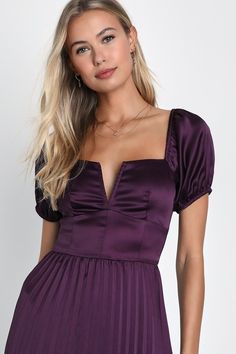 There's nothing better than being the chicest person in the room, and the Lulus Flawless Forever Dark Purple Satin Pleated Midi Dress perfect choice to ensure that! Sleek and unique, this satin dress has plenty of intriguing details, including luxe puff sleeves (with elastic at the shoulders) and a flattering square neckline with a notched detail and a supportive V-bar. The stunning, set-in waist tops a pleated, A-line skirt that naturally falls to a modern midi hem. Hidden back zipper/clasp. Fi Satin Pleated Dress, Midi Dress Satin, Dark Purple Dresses, Pleated Satin Dress, Purple Dresses, Purple Midi Dress, Lulu Fashion, Adhesive Bra, Purple Satin