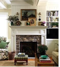 a living room filled with furniture and a fire place in front of a tv mounted on a wall