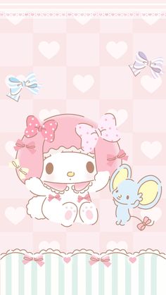 the hello kitty wallpaper is pink and has bows on it's head,