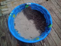 a blue plastic bowl filled with sand and dirt