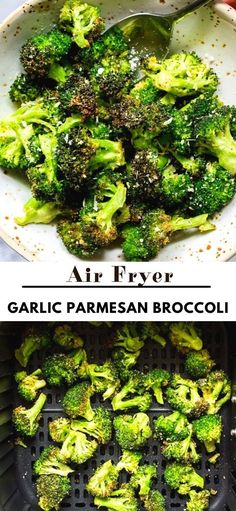 broccoli being cooked in an air fryer with garlic parmesan broccoli