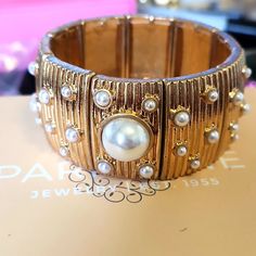 Statement Cuff Bracelet Antique Golden Finish High Fashion Design Beveled Textured With Pearl Pops 2 ¼” Diameter Stretch To Fit High Fashion Design, Statement Cuff Bracelet, Park Lane, Womens Jewelry Bracelets, Red Gold, Cuff Bracelet, High Fashion, Cuff, Womens Sizes