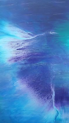 an abstract painting of blue and purple waves in the ocean with white foam on it