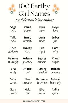 the 100 earthy girl names are shown in black and white with orange flowers on them