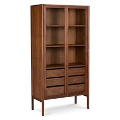 the bookcase is made from wood and has two drawers on one side, with three doors