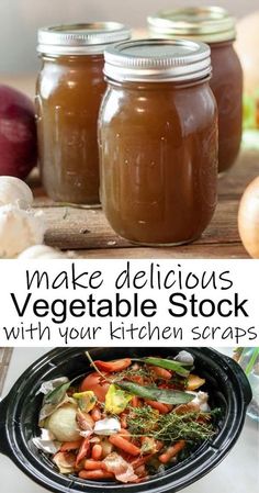 three jars filled with vegetables sitting on top of a table next to onions and carrots