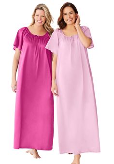 Experience ultimate comfort with our silky smooth nightgowns, crafted from cling-free fabric for a restful sleep each night.Features a charming shirred scoop neck adorned with a dainty rosette, adding a touch of femininity to your nighttime wardrobe.Flutter sleeves create a graceful and relaxed silhouette, ensuring you feel beautiful and unrestrained.Long length design provides full coverage, perfect for all seasons and added comfort.Comes in a convenient set of two, offering lasting value and v Tunic Tank Tops, Swimsuits For All, Nightgowns, Pink Pink, Free Fabric, Flutter Sleeves, How To Feel Beautiful, Cocktail Dress Party, Pajamas Women