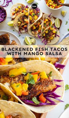 blacked fish tacos with mango salsa are served in tortillas and lime wedges