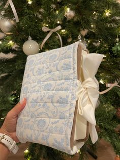 someone is holding up a blue and white present box in front of a christmas tree