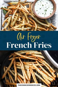 air fryer french fries with ranch dip in the background and text overlay that says air fryer french fries