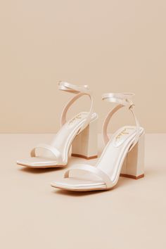 Chunky Prom Heels, Shoes For Satin Dress, Champagne Heels For Spring Prom, Champagne Heels With Ankle Strap, Champagne Heels With Heel Strap, Champagne Colored Heels, Heels Champagne, Champagne Heels With 4-inch Heel