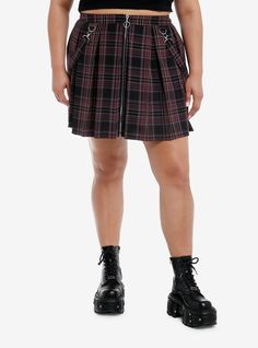 Combine edgy vibes with scholarly sophistication with this pleated skirt! Perfect for the dark academia look  this black and purple skirt features removable suspender straps  plus a zipper on the front with O-ring detailing.Please note: Style is fitted with no stretch; size up for a looser fit.65% polyester; 35% rayonWash cold; dry flatNon-stretch materialLength: 19''ImportedModel is 5'10''Model wears size 1 Academia Look, Dark Academia Look, Edgy Vibes, Plus Size Hot, Skirt Plus Size, Purple Skirt, Suspender Skirt, Purple Plaid, Black And Purple