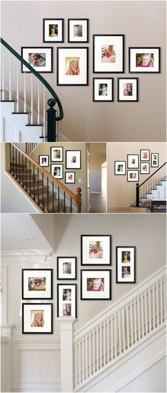 several pictures are arranged on the wall above stairs and stair railings in this photo collage