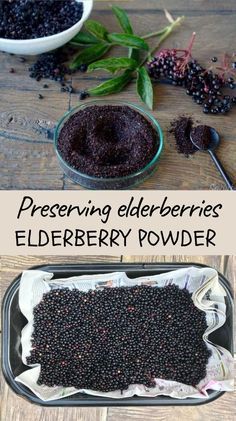 elderberry powder in a glass bowl and an image of elderberries on a wooden table