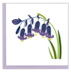 a card with purple flowers and green leaves on it's side, in front of a white background