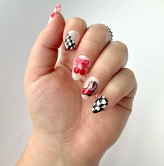 Builder gel alomond nails! With red cherries and bow. Black checkers and warped checkers! Red and black cowboy boot design with stars! Cowboy Boots Nails, Checker Board Nails Design, Cowboy Boot Nails, Nail Manifestation, Nails With Red, Black And White Nail Designs, Classy Acrylic, Nail Board