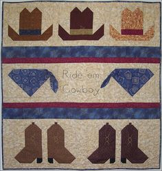 a quilted wall hanging with boots and hats on it