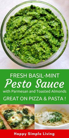 fresh basil - mint pesto sauce with parmesan and toasted almonds great on pizza & pasta