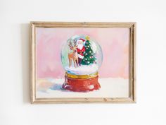 a painting of santa claus in a snow globe with a christmas tree on it's side