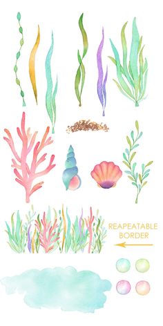 watercolor seaweed and corals are featured in this underwater themed clip art set