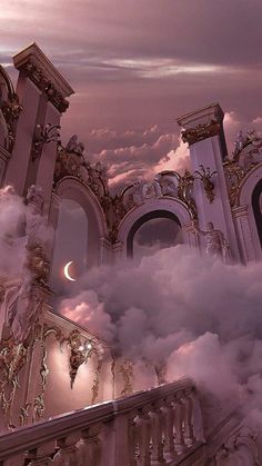 an artistic view of clouds and buildings in the sky with a half moon above them