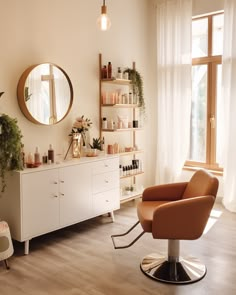 a room with a chair, mirror and shelves on the wall