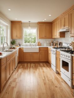 a large kitchen with wooden floors and white appliances on the counter top, along with wood cabinets