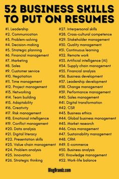 a yellow poster with the words 52 business skills to put on resumes