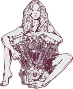 a drawing of a woman sitting on the ground with a motorcycle engine in her lap