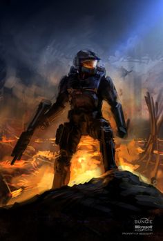 an image of a sci - fi character standing in the middle of a fire filled field